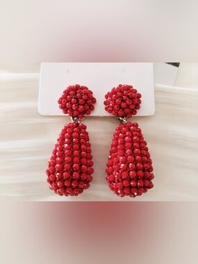 Red Beaded Drop Earrings - Unbranded